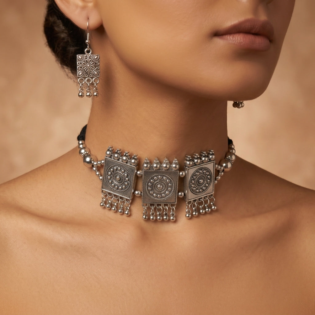 Close-up of three-panel bib necklace worn at the neck with dangling beads and patterned centres
