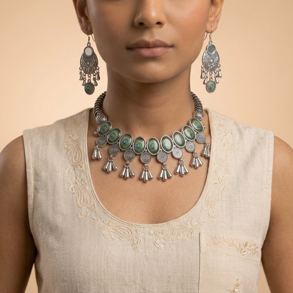 Dangling patterned earrings worn from the front, with green and blue accents and multiple drops