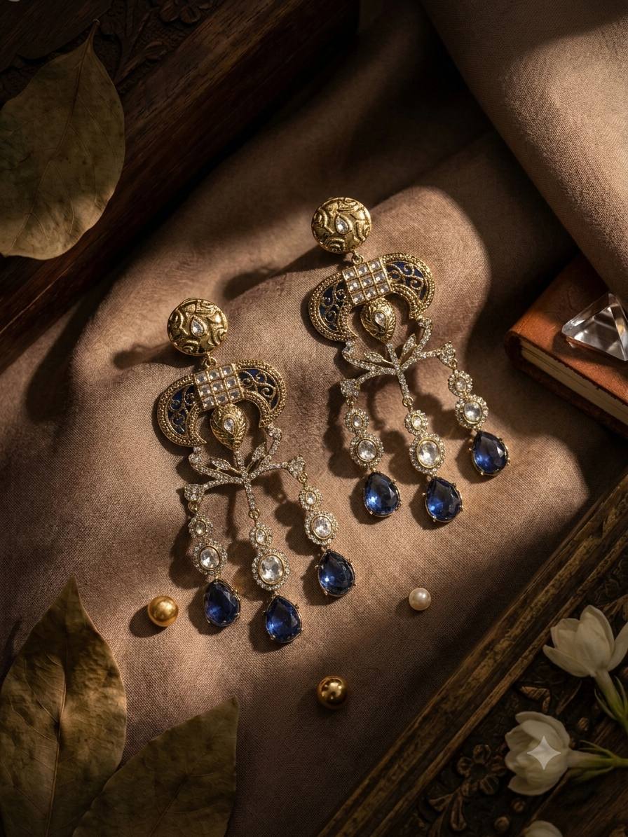 The Shahi Raj-Gul | Royal Blue Crystal Heritage Drop Earrings(Pronounced: Shaa-hee Raaj-Gul. A striking name combining royal grandeur with botanical grace—translating to the Emperor's Regal Blossom).