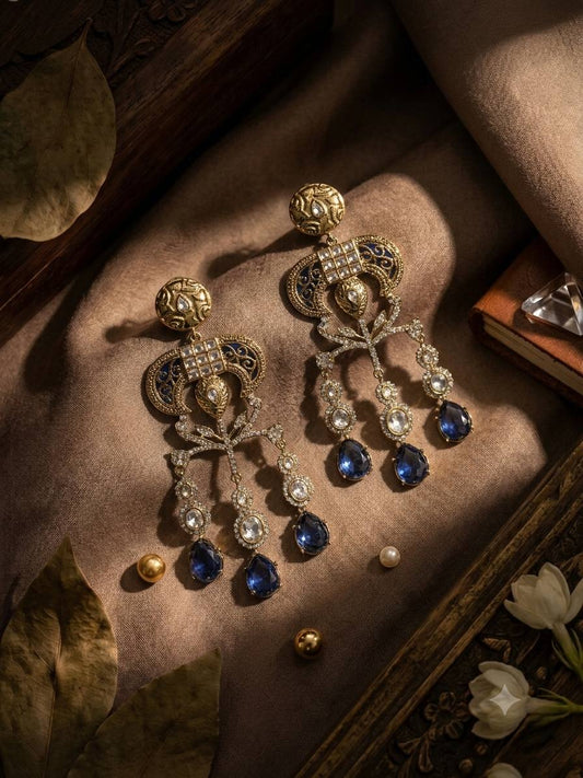 The Shahi Raj-Gul | Royal Blue Crystal Heritage Drop Earrings(Pronounced: Shaa-hee Raaj-Gul. A striking name combining royal grandeur with botanical grace—translating to the Emperor's Regal Blossom).