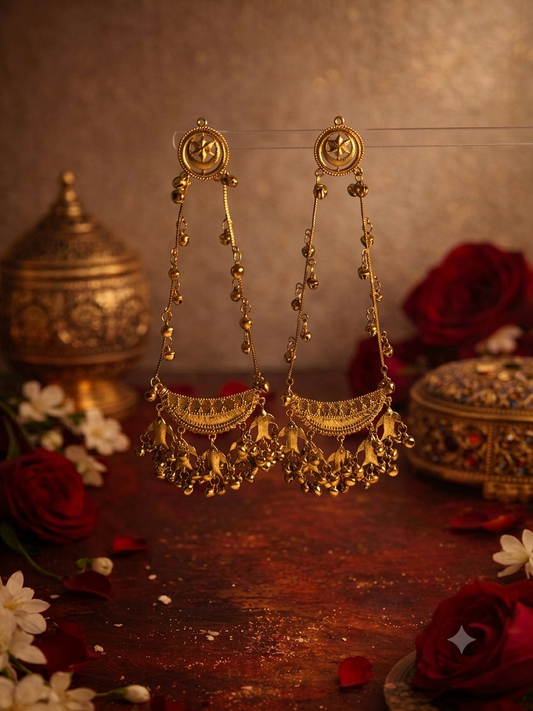 The Shalimar baali | Extra Long Gold Star-Crescent Chime Earrings(Pronounced: Shaa-hee Meh-taab Jhaan-jhar. A rhythmic and highly poetic name blending Urdu celestial elements with the traditional Punjabi term for musical bridal anklets).