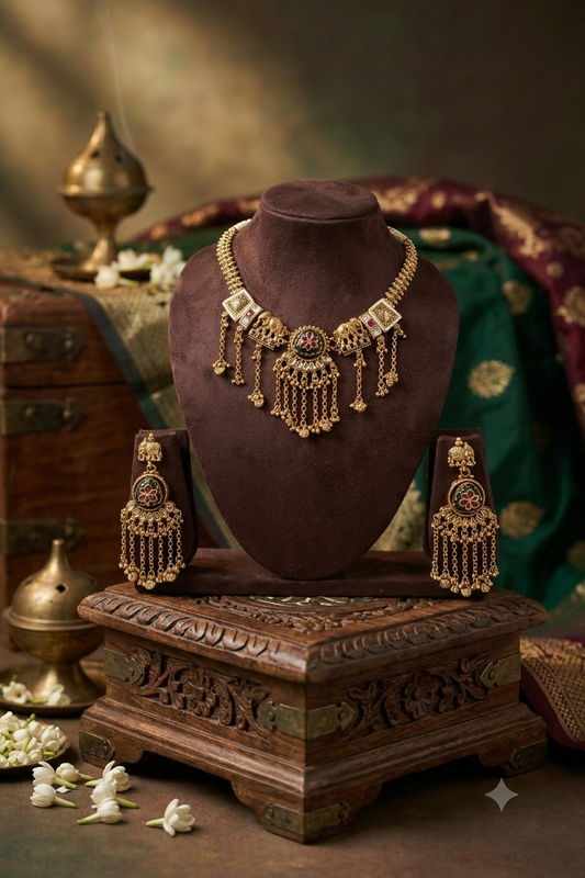 Notice how the soft light catches the rich, burnished texture of the antique gold finish on this magnificent choker set. When you look closely at the center, you’ll see an exquisitely detailed green circular medallion, framed by vibrant ruby-red stones that form a striking traditional floral or sunburst motif. The craftsmanship is profoundly inspired by royal heritage, featuring alternating square panels intricately carved with graceful peacock and filigree patterns that echo timeless Jadau arti
