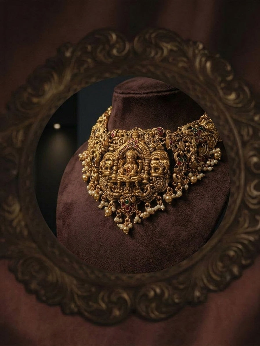 Angled necklace shown in brown bust reflection, framed by an ornate carved-looking border
