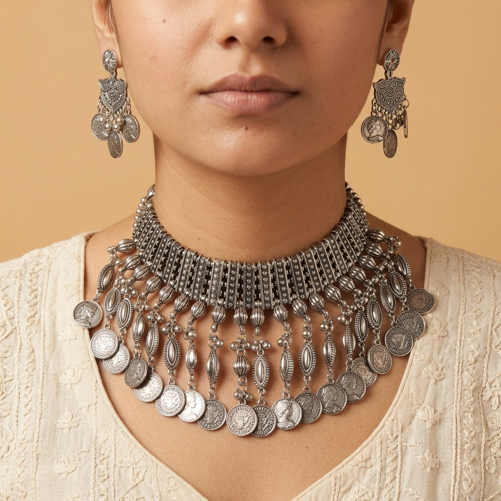 Front view of a wide ornate necklace worn at the neckline, with layered dangling coins.