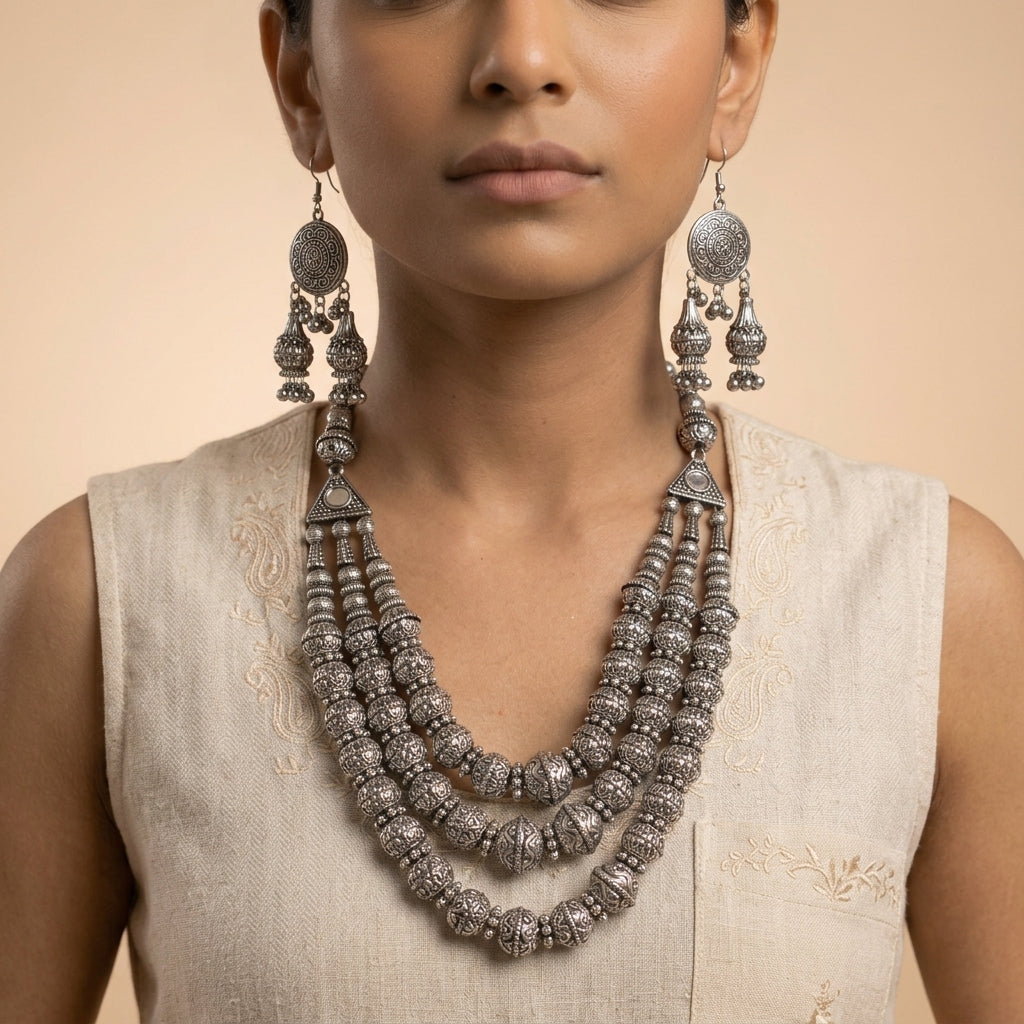 Front-facing portrait showing long patterned chandelier earrings with tiered bead drops