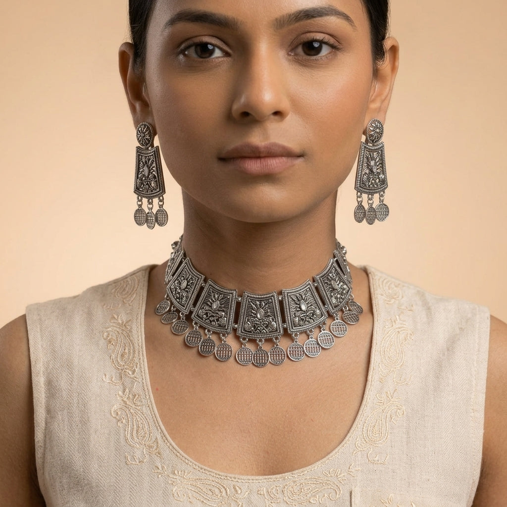 Ornate panel necklace worn at the neckline, shown front-on with layered round dangling discs