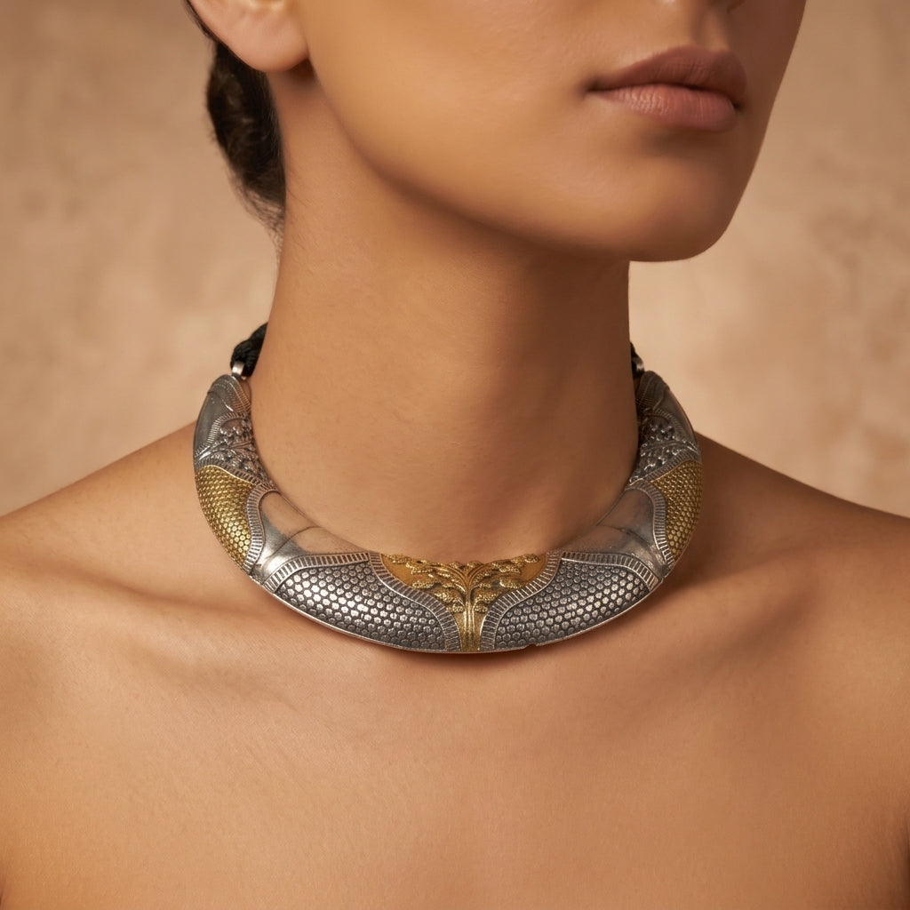 Close-up of ornate curved necklace worn at the neckline, showing silver- and gold-toned patterned panels.