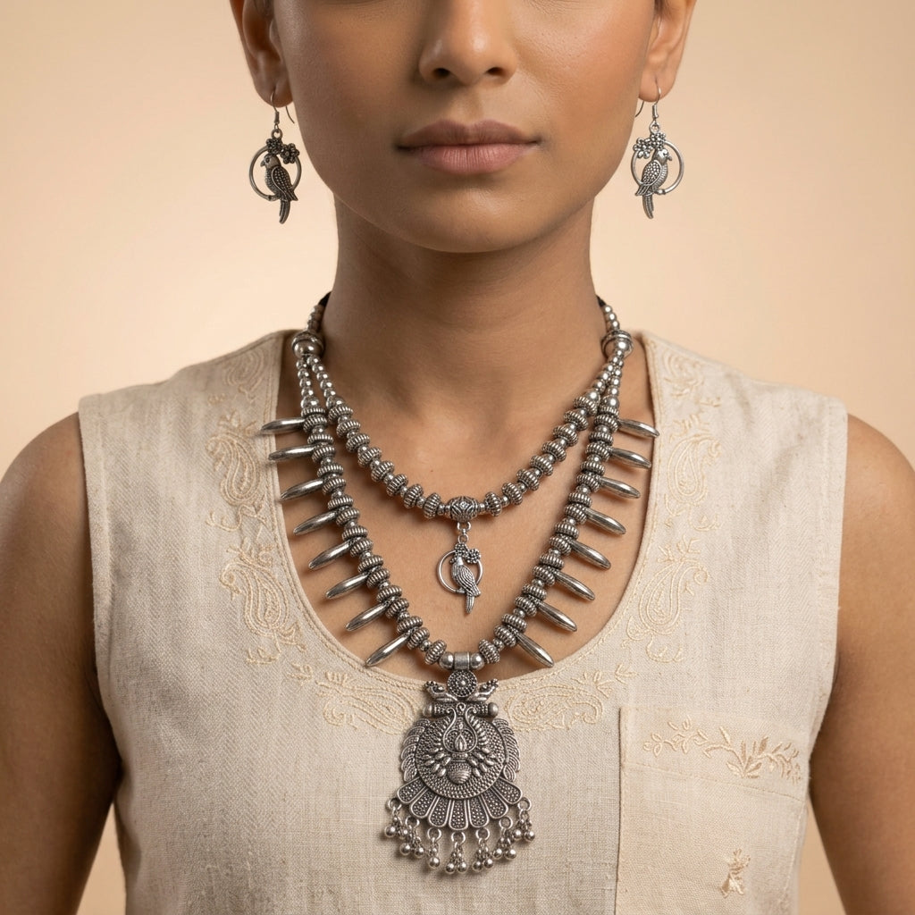 Bird-motif drop earrings worn on both ears, shown front-on with face and necklace in frame